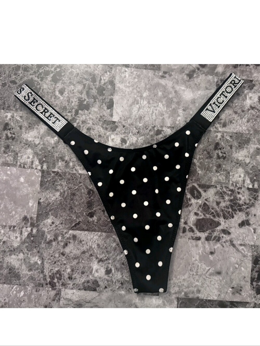 Victoria's Secret Very Sexy Polka Dot Shine Strap Thong Panty BLACK MEDIUM